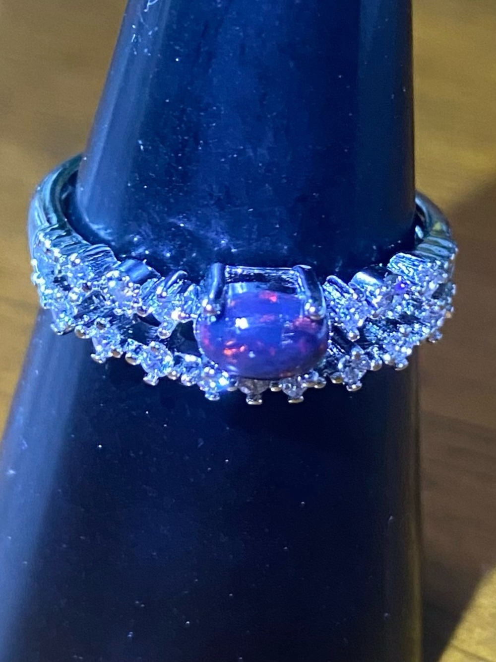 Silver Tone Fire Opal Halo Ring with Accent Stones
